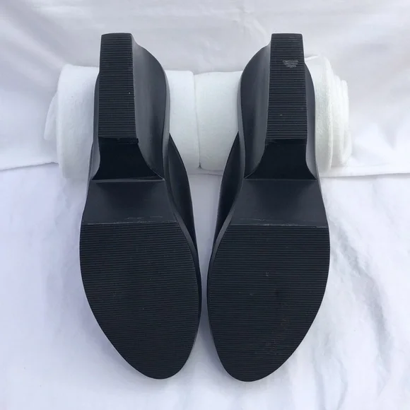 Ferragamo Wood & Leather Platform Peep Toe Slide/Mule w/3” Heel, Black - Picture 10 of 16